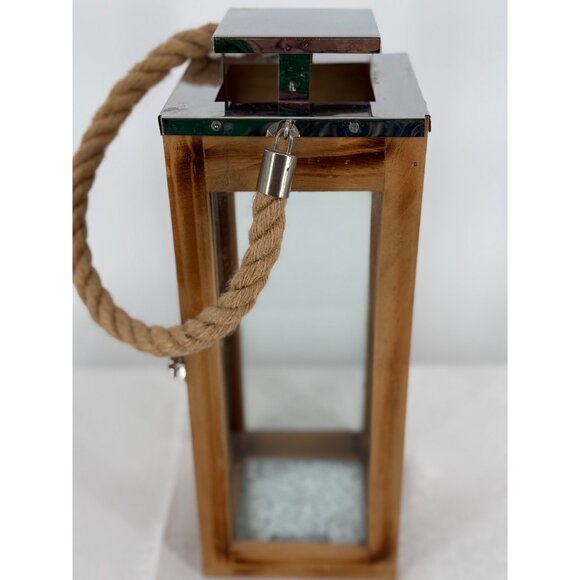 Rustic Wooden & Glass Lantern With Metal‎ Top & Rope Handle 13.75"Tall - Picture 5 of 7